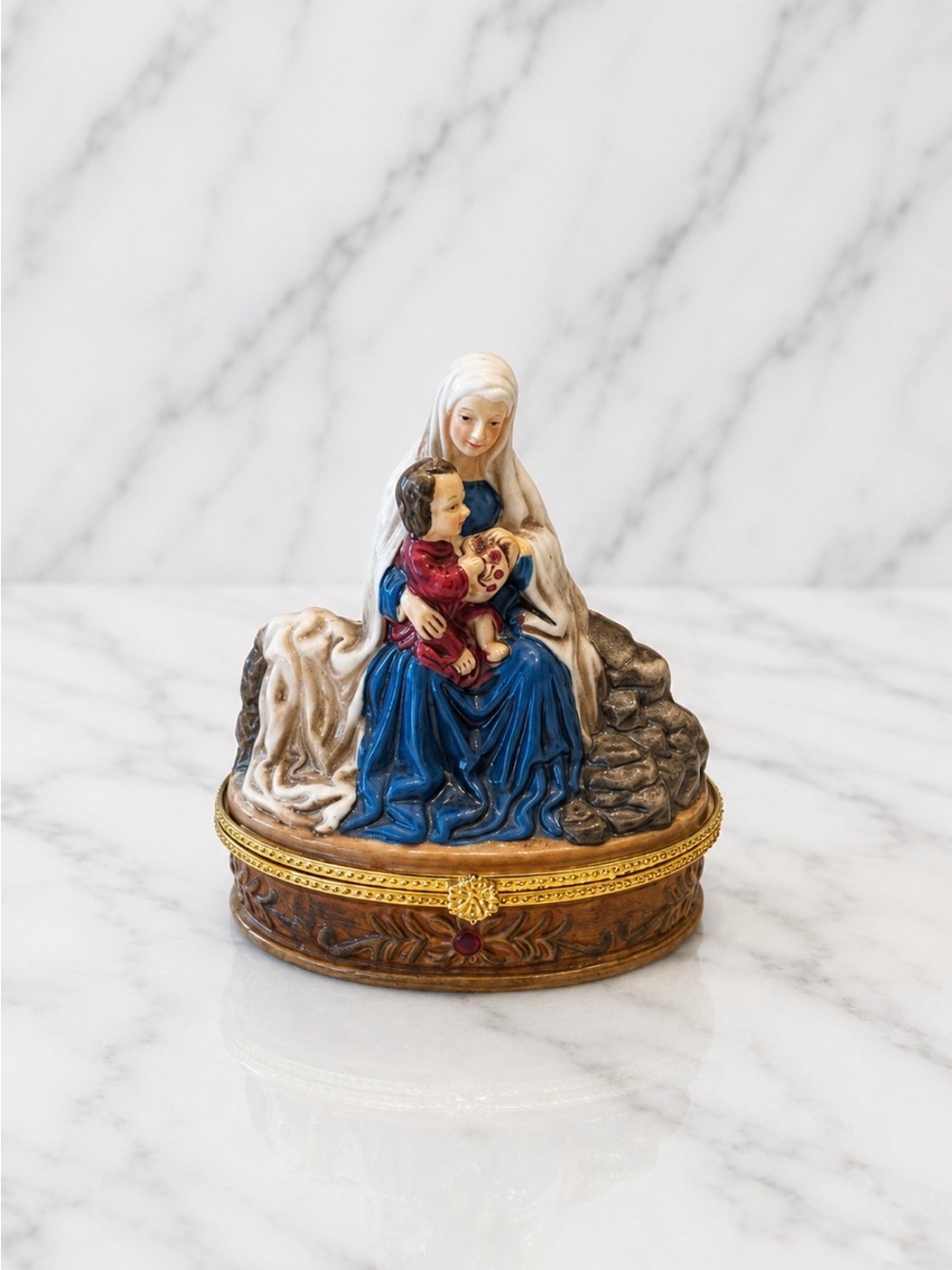 Ceramic Madonna and Child decorative trinket box
